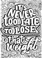 its never too late to lose that weight, motivational quotes coloring pages design. sport-fitness words coloring book pages design.  Adult Coloring page design, vector