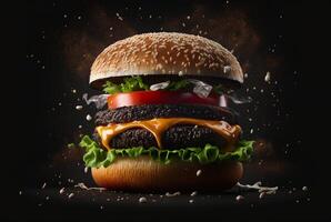 delicioso y atractivo hamburguesa con refrescante ingredientes en un oscuro antecedentes. generativo ai foto