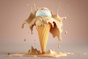 Colorful ice cream splashes, melting ice cream cone. . photo