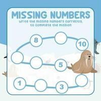 Missing numbers. Write the answer correctly. Educational printable math worksheet. Count and write activity. Counting practice. Vector file.