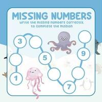 Missing numbers. Write the answer correctly. Educational printable math worksheet. Count and write activity. Counting practice. Vector file.