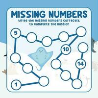 Missing numbers. Write the answer correctly. Educational printable math worksheet. Count and write activity. Counting practice. Vector file.