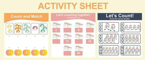 Activity sheet for children. 3 in 1 Educational printable worksheet. Mathematic worksheet for kids. Count and write activity for kids. Vector illustrations.