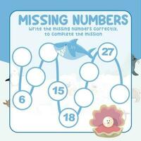 Missing numbers. Write the answer correctly. Educational printable math worksheet. Count and write activity. Counting practice. Vector file.