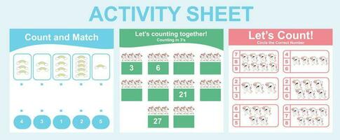 Activity sheet for children. 3 in 1 Educational printable worksheet. Mathematic worksheet for kids. Count and write activity for kids. Vector illustrations.