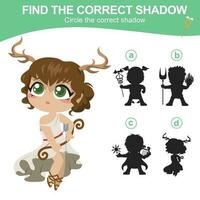 Find the correct shadow. Matching shadow game for children. Worksheet for kid. Educational printable worksheet. Vector illustration.