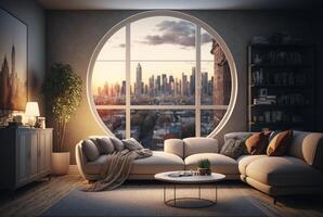 Modern living room with table and matching furniture, bathed in natural light from wide windows. photo