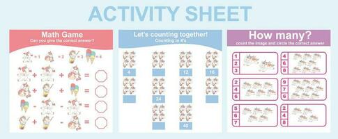 Activity sheet for children. 3 in 1 Educational printable worksheet. Mathematic worksheet for kids. Count and write activity for kids. Vector illustrations.