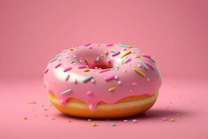 rosquillas con rosado Formación de hielo y vistoso asperja de azúcar. en un rosado antecedentes. generativo ai foto