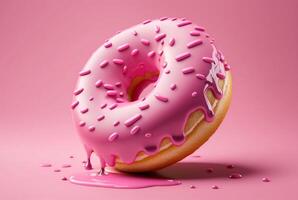 rosquillas con rosado Formación de hielo y vistoso asperja de azúcar. en un rosado antecedentes. generativo ai foto