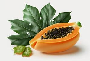 papaya con rebanadas y hojas aislado en blanco antecedentes. generativo ai foto