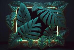 Colorful tropical leaves with neon frame on dark background. . photo
