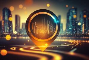 Travel and technology concept. Gps icon on bokeh city background. photo