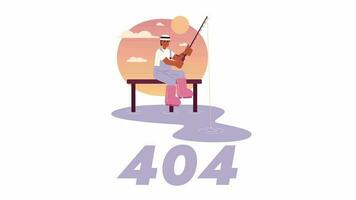 Angeln im Sonnenuntergang 404 Animation. animiert afrikanisch amerikanisch Fischer auf Dock. leeren Zustand 4k Video Konzept Filmaufnahme, Alpha Kanal Transparenz. Farbe Seite nicht gefunden Blitz Botschaft zum ui, ux Netz Design