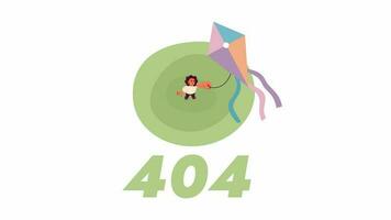 niña volador cometa 404 error animación. animado joven mujer en pie en picnic lugar. vacío estado 4k vídeo concepto imágenes, alfa canal transparencia. vistoso página no encontró para ui, ux web diseño video
