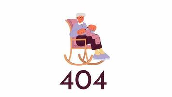 abuelita tejido de punto 404 error animación. animado abuela en balanceo silla. vacío estado 4k vídeo concepto imágenes, alfa canal transparencia. color página no encontró destello mensaje para ui, ux web diseño video