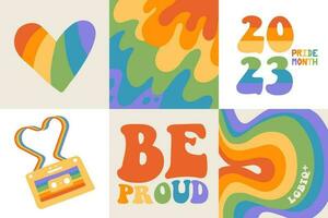 Pride month square greeting cards set with rainbow and gay vibes phrase in retro groovy 60s 70s style. Collaction of queer banners with mid century rainbow color. Flat Vector illustration.