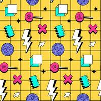 Retro vintage 80s or 90s memphis style abstract seamless pattern background for textile fabric design, wrapping paper and website wallpapers. Vector vivid illustration.