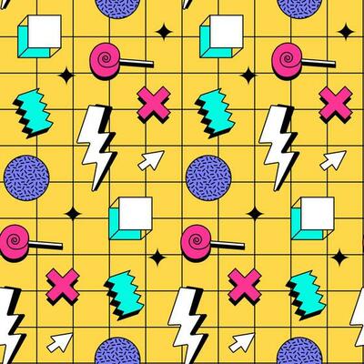 Retro vintage 80s or 90s memphis style abstract seamless pattern background for textile fabric design, wrapping paper and website wallpapers. Vector vivid illustration.
