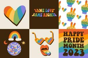 Set of 6 Pride month square cards with rainbow backgrounds, LGBTQ symbols, pattern, quote. Collection of queer social media post with groovy elements. LGBT banner in retro 60s 70s style. Flat Vector