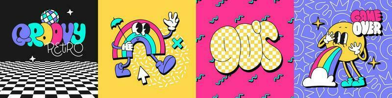 Trendy retro party square posters set with symbols of toons rainbow character, emoji, lettering 90s and disco retro groovy text. Vector banners with trendy 80s-00s comic patches.