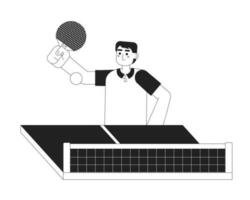 Asian man with paddle playing ping-pong match monochromatic flat vector character. Table tennis sport. Editable thin line half body person on white. Simple bw cartoon spot image for web graphic design