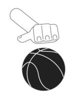 Hand dribbling in basketball monochromatic flat vector first view hand. Streetball game. Hand touches ball. Editable thin line closeup pov on white. Simple bw cartoon spot image for web graphic design