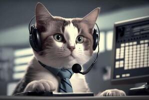 a cat working at a computer wearing a suit and earphones. photo