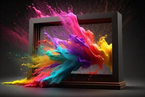 Product display frame with colorful powder paint explosion. photo