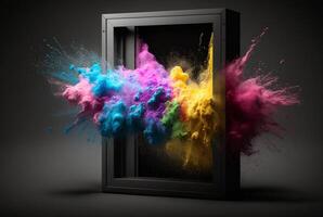 Product display frame with colorful powder paint explosion. photo