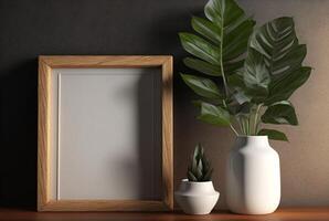 Wooden frame mockup with plant in vase on wall background, photo