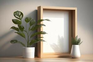 Wooden frame mockup with plant in vase on wall background, photo