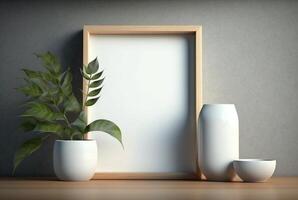 Wooden frame mockup with plant in vase on wall background, photo