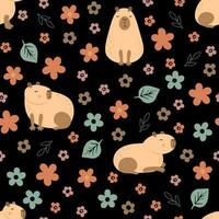 Seamless capybara with flowers on black background vector