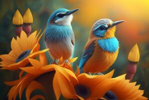 Two beautiful birds above the flowers. photo