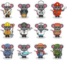 Cartoon Mouse in professional uniform. Vector set of Mouse different professions. Vector characters with jobs different occupation. Different jobs professionals. Isolated vector icons set