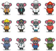 Vector set of cute Mouse with different professions. Cartoon cute Mouse dressed in different occupation uniform. Vector characters with jobs different occupation.