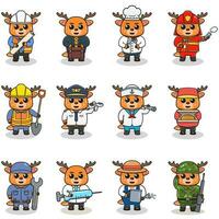 Cartoon Deer in professional uniform. Vector set of Deer different professions. Vector characters with jobs different occupation. Different jobs professionals. Isolated vector icons set