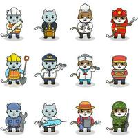 Cartoon Cat in professional uniform. Vector set of Cat different professions. Vector characters with jobs different occupation. Different jobs professionals. Isolated vector icons set