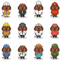 Vector set of cute Dog with different professions. Cartoon cute Dog dressed in different occupation uniform. Vector characters with jobs different occupation.