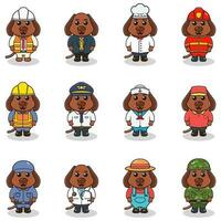 Vector set of cute Dog with different professions. Cartoon cute Dog dressed in different occupation uniform. Vector characters with jobs different occupation.