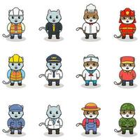 Vector set of cute Cat with different professions. Cartoon cute Cat dressed in different occupation uniform. Vector characters with jobs different occupation.