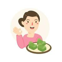 woman selling lemper traditional food vector