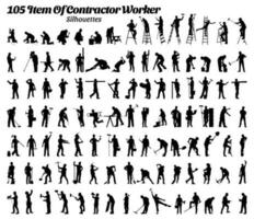 Set of 105 item contractor worker silhouette vector illustration.