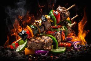 Meat kebabs with vegetables on flaming grill. photo