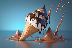 Colorful ice cream splashes, melting ice cream cone. . photo