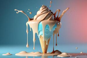 Colorful ice cream splashes, melting ice cream cone. . photo