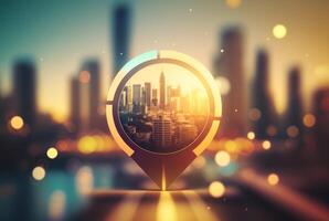 Travel and technology concept. Gps icon on bokeh city background. photo