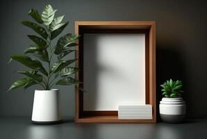 Wooden frame mockup with plant in vase on wall background, photo