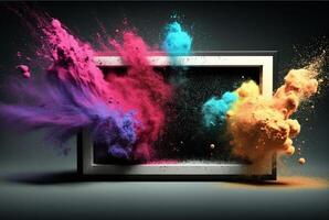 Product display frame with colorful powder paint explosion. photo